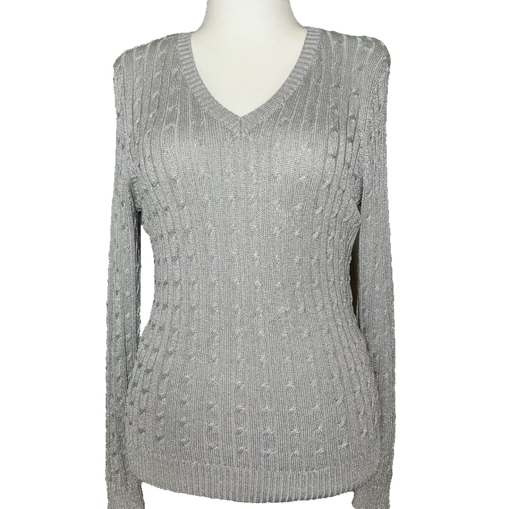Charter Club Womens‎ Sweater Gray Silver Silk V-neck Pullover Lightweight Medium